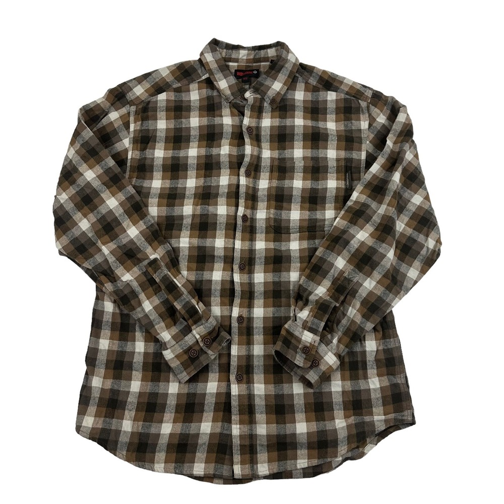Wolverine Mens Sz M 100% Cotton Brown Cream Plaid Button Down Flannel Shirt L/S